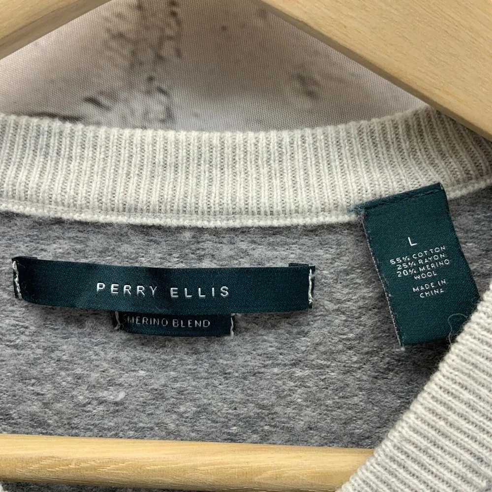 Perry Ellis Sweater‎ Merino Wool Blend Mens Sz L Gray Striped Pullover Henley